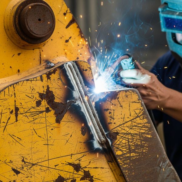 A close-up of a fresh, clean weld repairing a crack on a worn, yellow excavator bucket, with the welder visible in the background.