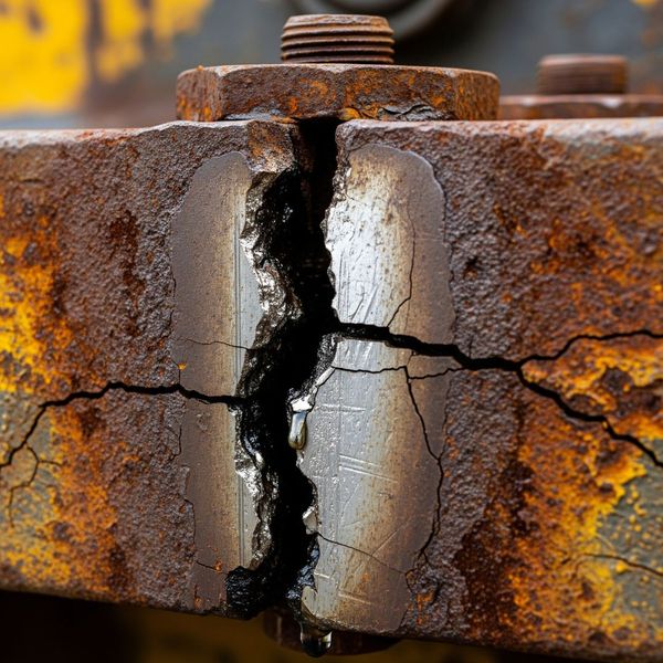 A close-up of a cracked metal component on heavy equipment before being repaired.