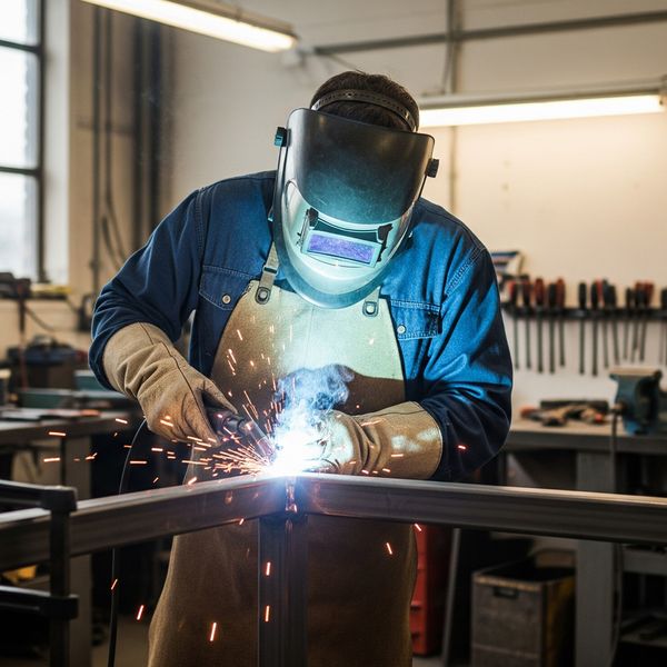 A welder carefully working on a custom metal beam in a well-lit workshop. image1.jpg