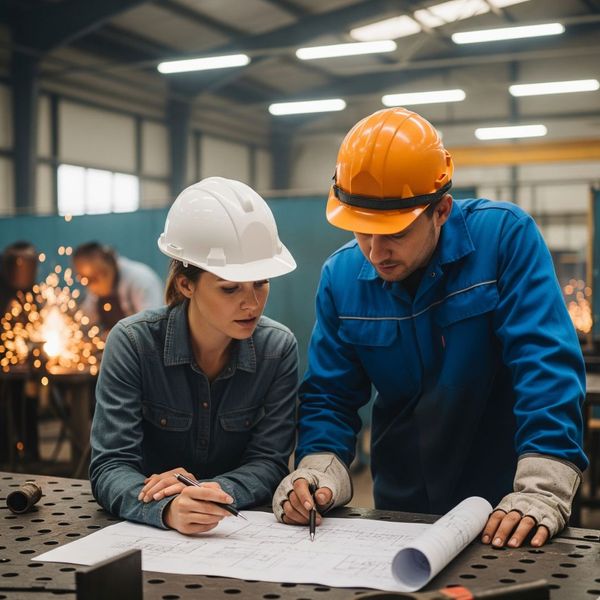 A welder and a client reviewing plans for an equipment repair job in a workshop.