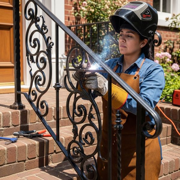 A professional Latina welder carefully repairs an ornate, black wrought iron handrail on a set of brick steps, seamlessly fitting in a newly fabricated section.