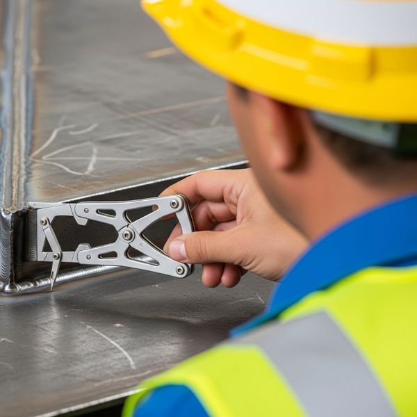  A safety inspector with a medium skin tone uses a fillet weld gauge to measure a weld for compliance.