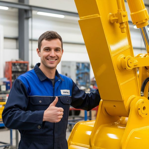 A technician next to a newly repaired piece of heavy equipment, signifying minimal operational downtime.