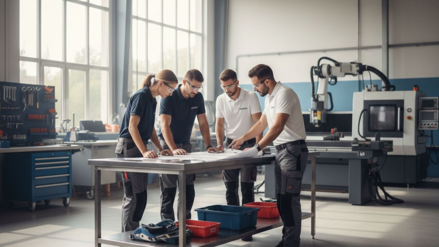 A collaborative team of fabrication experts reviews technical blueprints for a custom commercial project. A collaborative team of fabrication experts reviews technical blueprints for a custom commercial project.