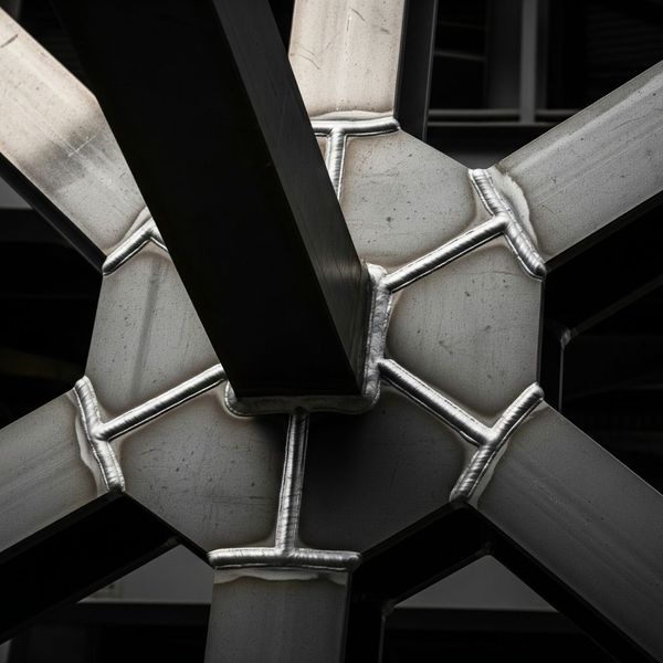 A low-angle shot of a complex structural steel node with clean, robust, and uniform welds.