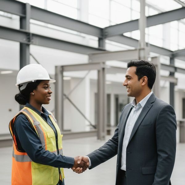 A successful partnership is finalized with a handshake in front of a completed custom fabrication project.