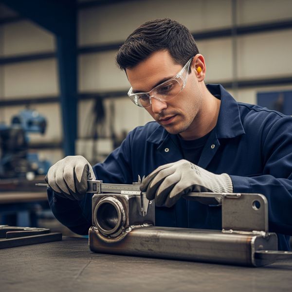 A quality control technician inspecting a newly welded metal component with precision tools.