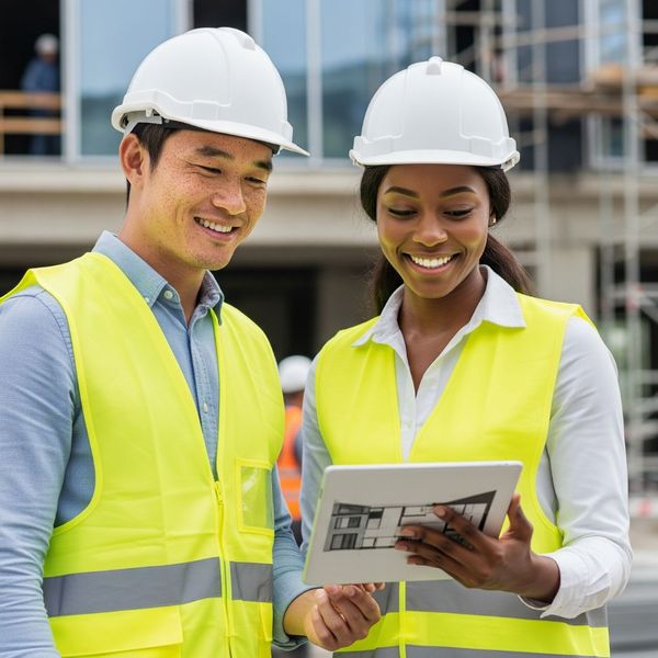 2 workers in hardhats smiling confidently and nodding in agreement