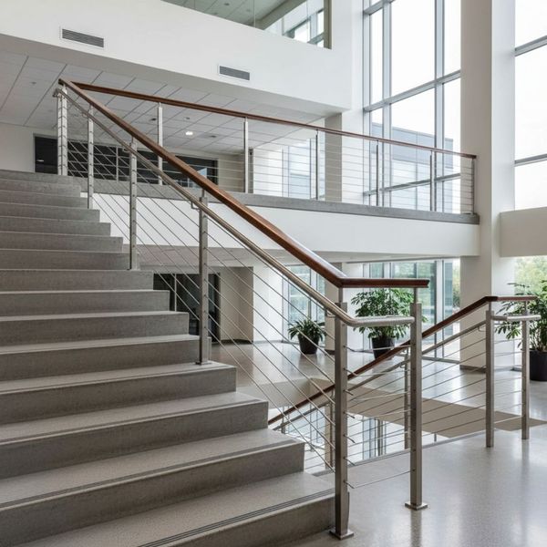High-quality custom metalwork provides both safety and aesthetic appeal in a modern commercial space.