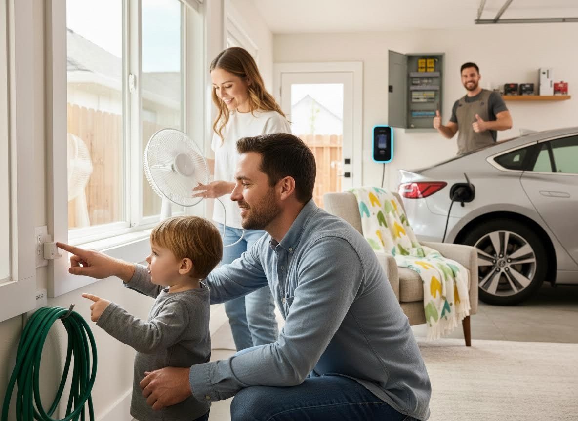 Family exploring smart home and EV charging in garage