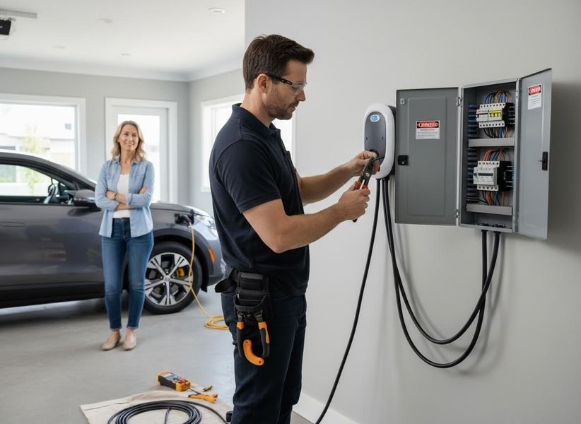 A technician installs an EV charging station and electrical panel, while a woman watches. An electric car charges in the background. Electrician installing EV charging station in a garage