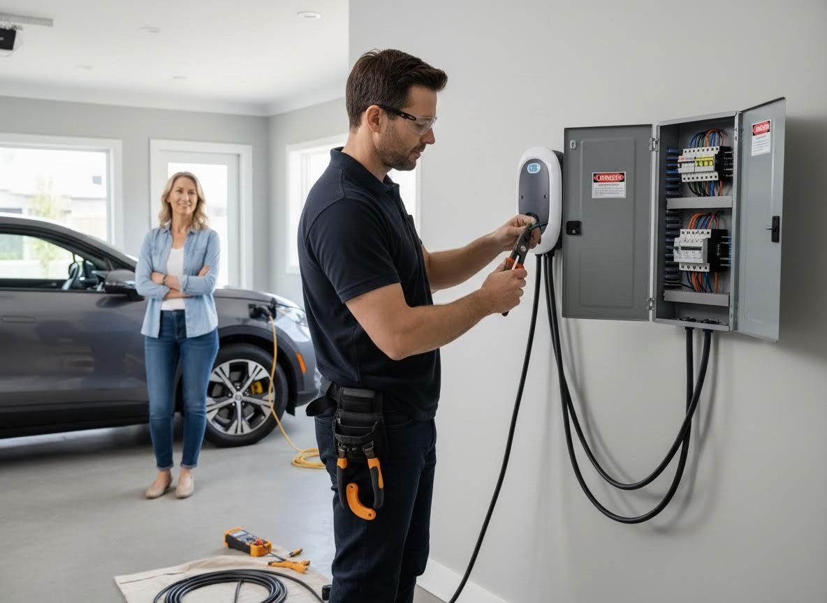 Electrician installing EV charging station in a garage
