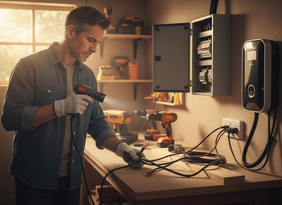 Man working on electrical wiring for an EV charger in a workshop