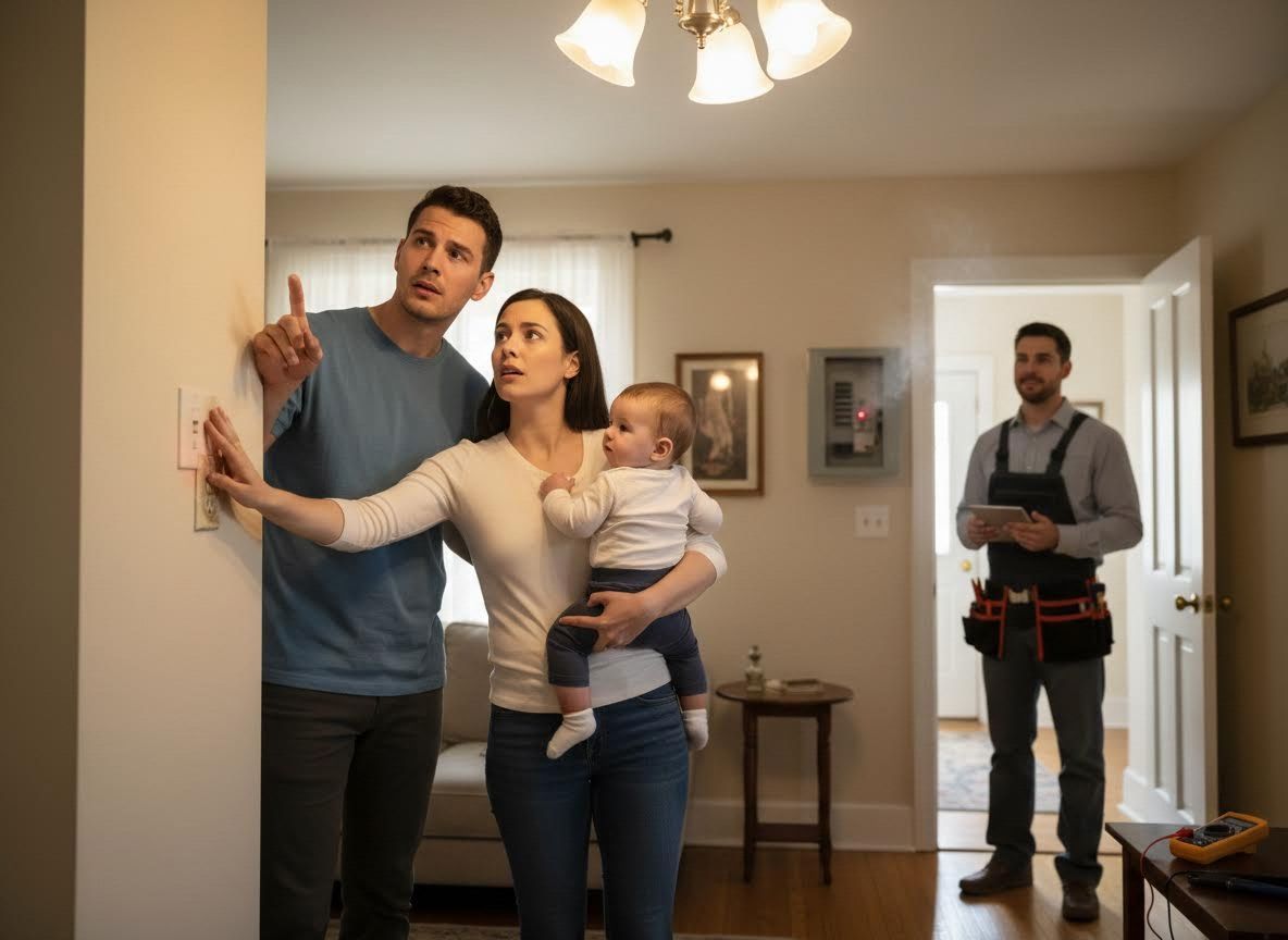 Family and Electrician Inspecting Home Electrical Issue