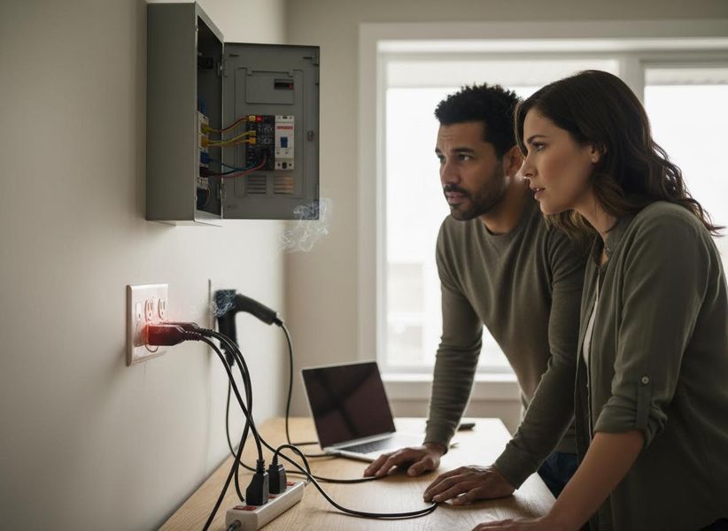 Couple observing electrical malfunction and smoking outlet