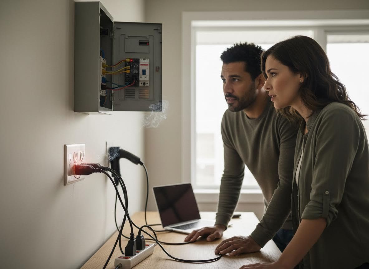 Couple observing electrical malfunction and smoking outlet