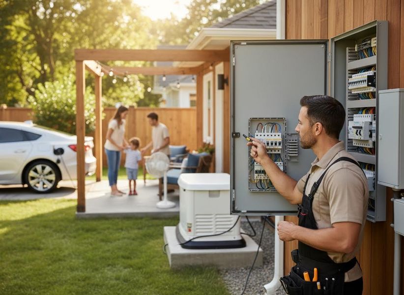 Electrician Working on Home Electrical Panel with Family and EV Charging