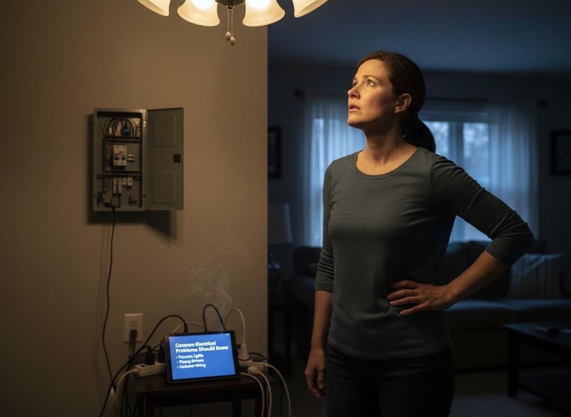 A concerned woman looks at a smoking outlet and an open circuit breaker in her dimly lit home, learning about electrical problems on a tablet. Woman worried by electrical issues in her home