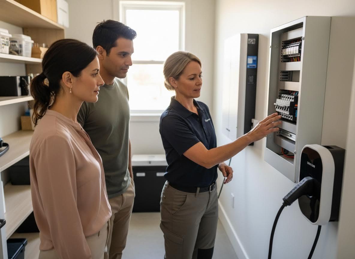 Technician Explains Home EV Charging and Electrical Panel to Couple