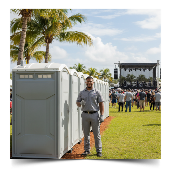 Man standing next to porta potties 