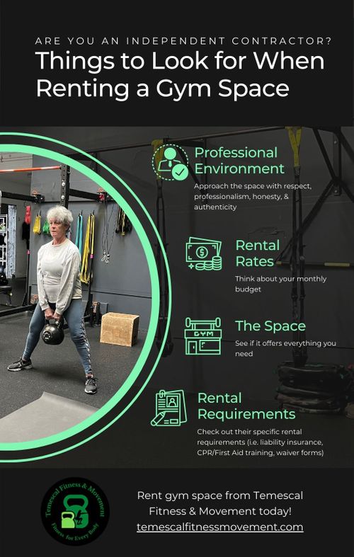 Infographic that talks about what to look for when renting a gym space