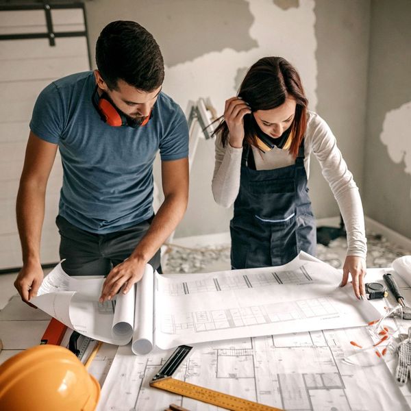 Man and woman looking at detailed plan for house remodel