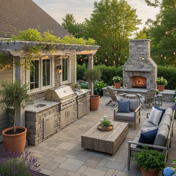 A functional and beautiful outdoor living space with a patio A functional and beautiful outdoor living space with a patio