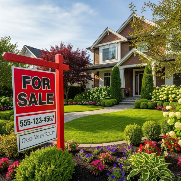 A "For Sale" sign in front of a home with great landscaping A "For Sale" sign in front of a home with great landscaping