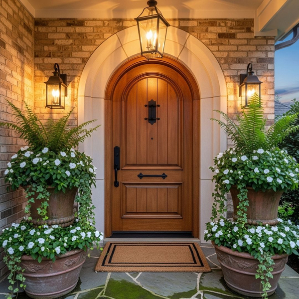 A welcoming front entryway with beautiful plants and lighting A welcoming front entryway with beautiful plants and lighting