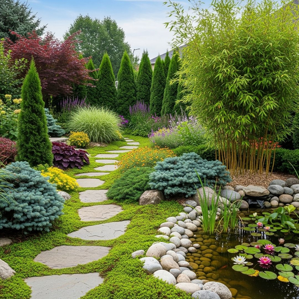 A beautifully landscaped yard with a variety of plants, textures, and colors
