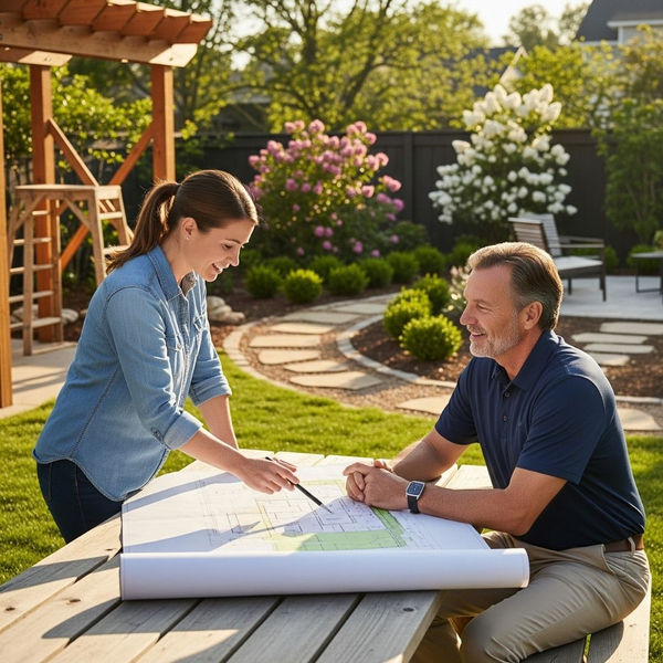 A female landscape architect and a male homeowner collaborating A female landscape architect and a male homeowner collaborating