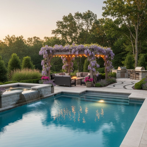 A luxurious swimming pool seamlessly integrated with an outdoor living area