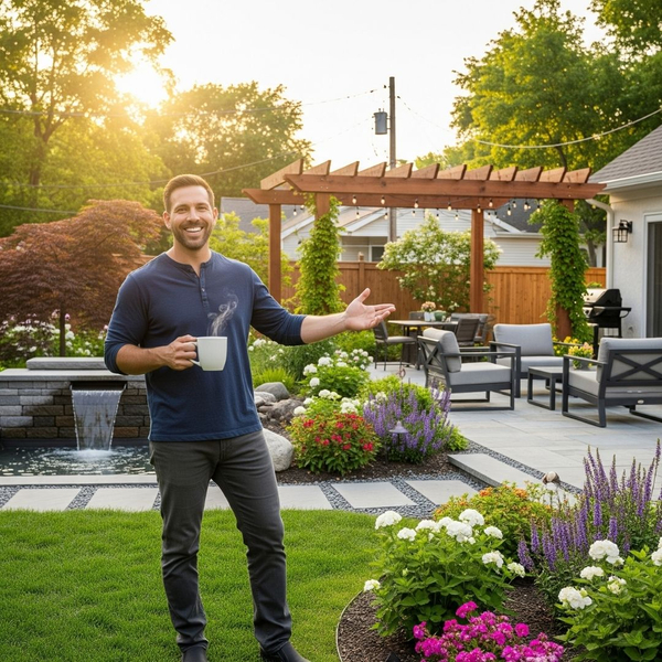 A happy homeowner enjoying their newly landscaped outdoor space