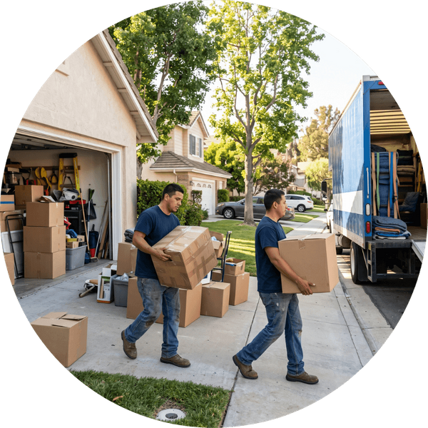 Two unbranded workmen in matching blue t-shirts carrying packed cardboard boxes from an open residential garage toward the open back of an unmarked blue and white haul truck during a busy moving clean-out in Westlake Village, California.