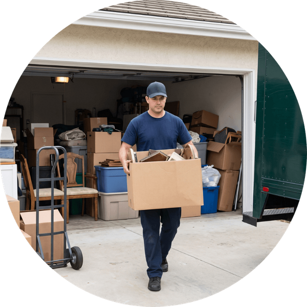 A worker in a blank blue shirt and cap carrying a packed box out of a heavily cluttered garage in Agoura Hills, California, during a moving clean out.