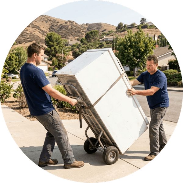 Two unbranded workmen in matching blue t-shirts carefully using a heavy-duty hand truck to move an old white refrigerator down a residential driveway in Westlake Village, California, with dry, brush-covered foothills in the background.