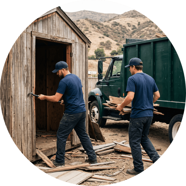 Two workers in blank blue shirts and caps dismantle an old wooden backyard shed in Agoura Hills, California, with hills in the background, using hand tools and gathering debris during a light demolition project.