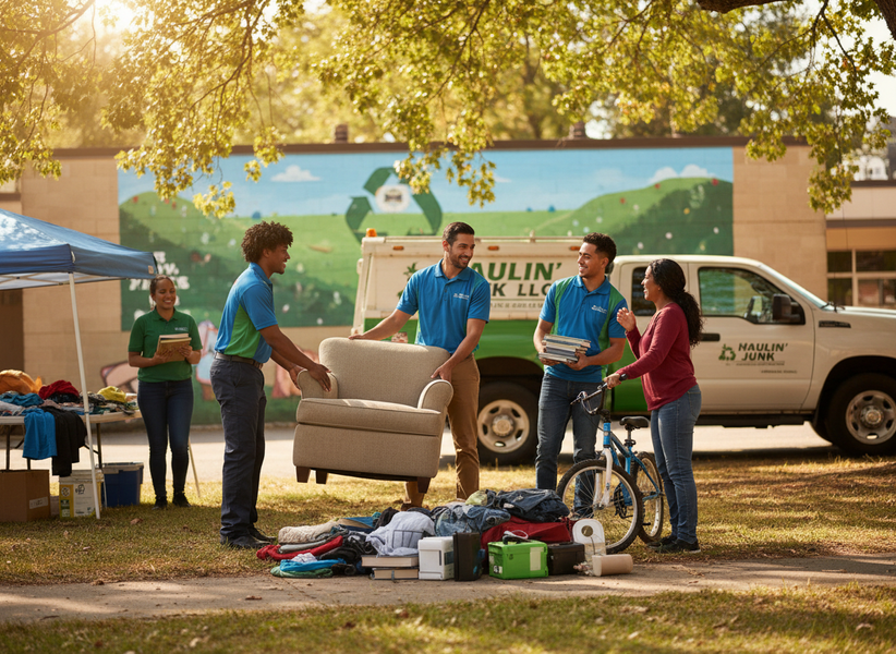 A diverse group of volunteers and staff from Naulin' Junk LLC manage donated items like furniture and books at an outdoor event. Naulin' Junk LLC team helping with community donations