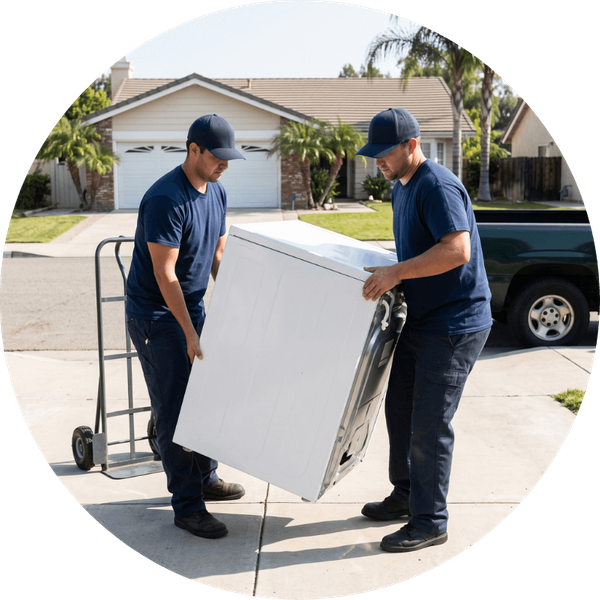 Two workers in blank blue shirts and caps carefully moving a white washing machine down a residential driveway in Agoura Hills, California, for safe appliance removal.