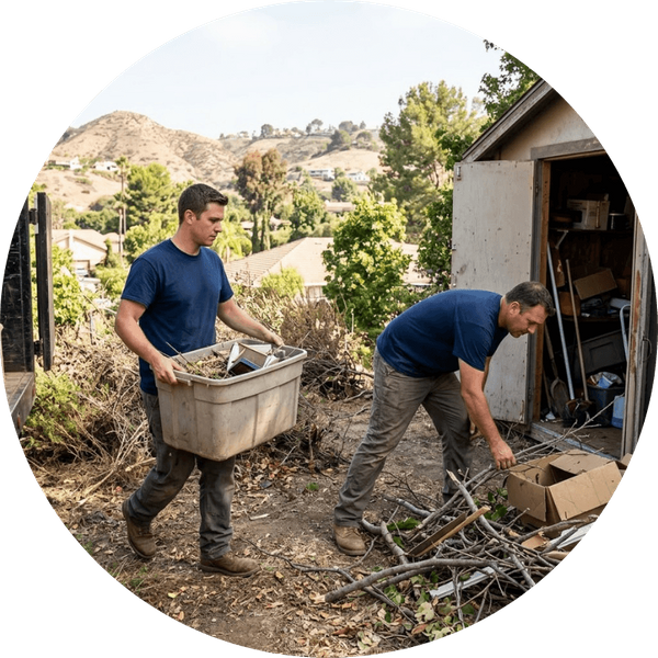 Two unbranded workers in matching plain blue t-shirts clearing yard debris and shed clutter in Westlake Village, California, with foothills and hillside homes in the background.