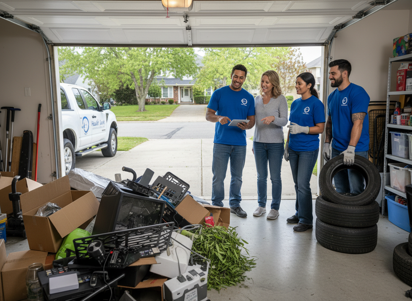 Junk Removal Team Consulting with Homeowner