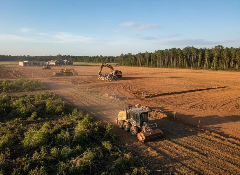 An aerial view of a vast construction site where a mulcher, excavators, and bulldozers are preparing red-dirt land, backed by pine trees and blue sky. Land Development with Heavy Construction Machinery