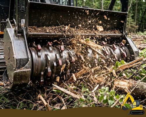 Close-up of a forestry mulcher attachment grinding wood into mulch