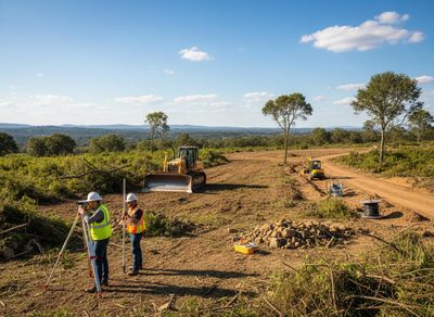 Two surveyors in hard hats and safety vests work on a cleared construction site with a bulldozer and excavator under a blue sky. Construction workers surveying cleared land with heavy equipment