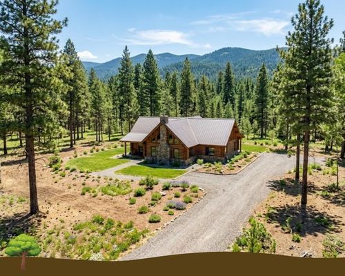 home surrounded by cleared land and tall pine trees