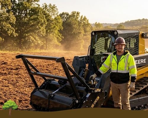 professional forestry land clearing operator in safety gear standing beside a land clearing machine