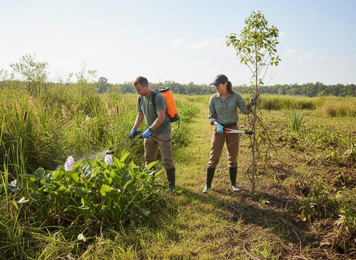Man Spraying Invasive Plants While Woman Prunes Tree in Wetland