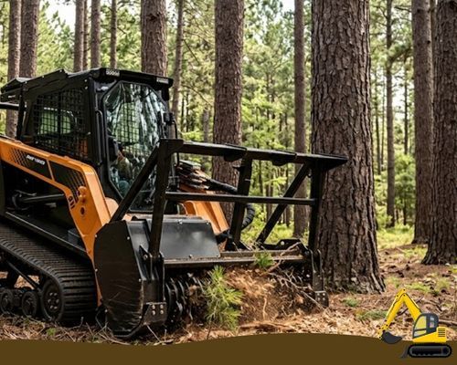 Track loader with a mulching head clearing brush in a pine forest