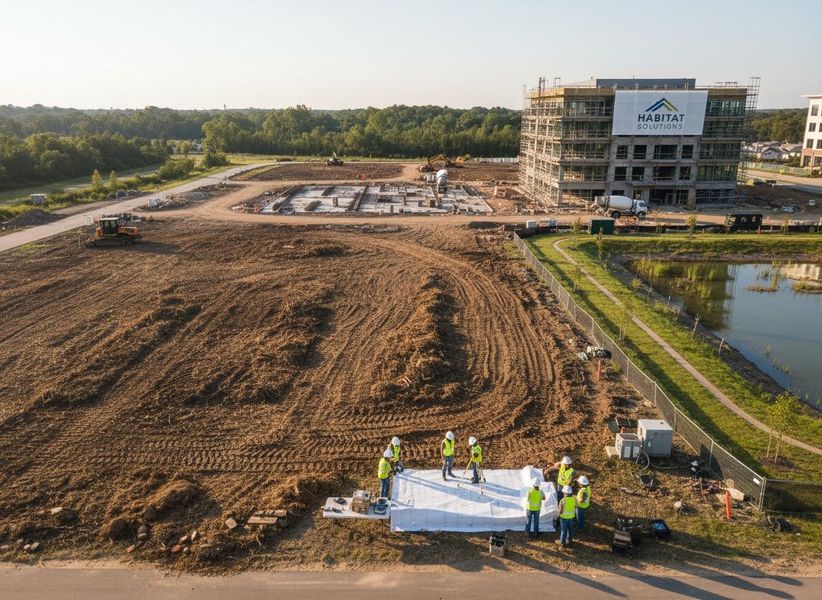 Aerial view of an active construction site with workers, a building under construction, and a new foundation, surrounded by nature. Aerial View of Large Construction Site Development