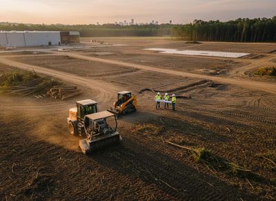 Aerial view of a large construction site at sunrise. Heavy machinery works while three project managers review plans on cleared land. Construction site development with heavy machinery and project team